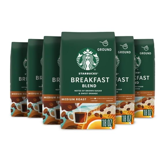 (6 pack) Starbucks Breakfast Blend, Ground Coffee, Medium Roast Hot or Iced Coffee, 18 oz