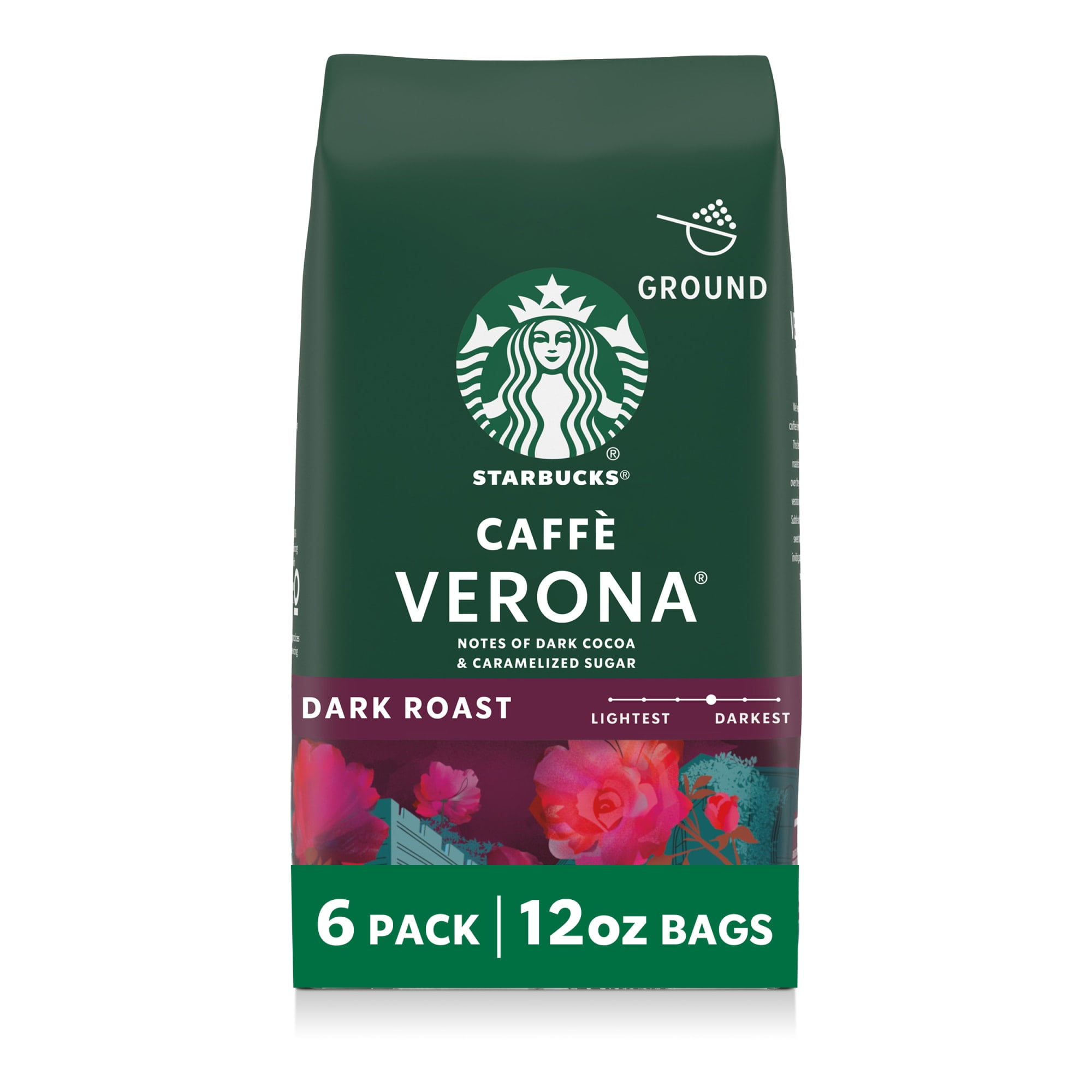 (6 pack) Starbucks Caffè Verona, Ground Coffee, Dark Roast Hot or Iced Coffee, 12 oz