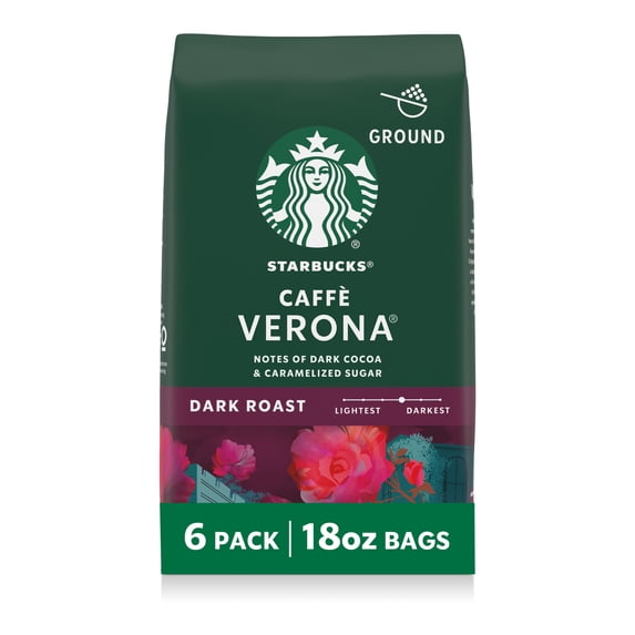 (6 pack) Starbucks Caffè Verona, Ground Coffee, Dark Roast Hot or Iced Coffee, 18 oz