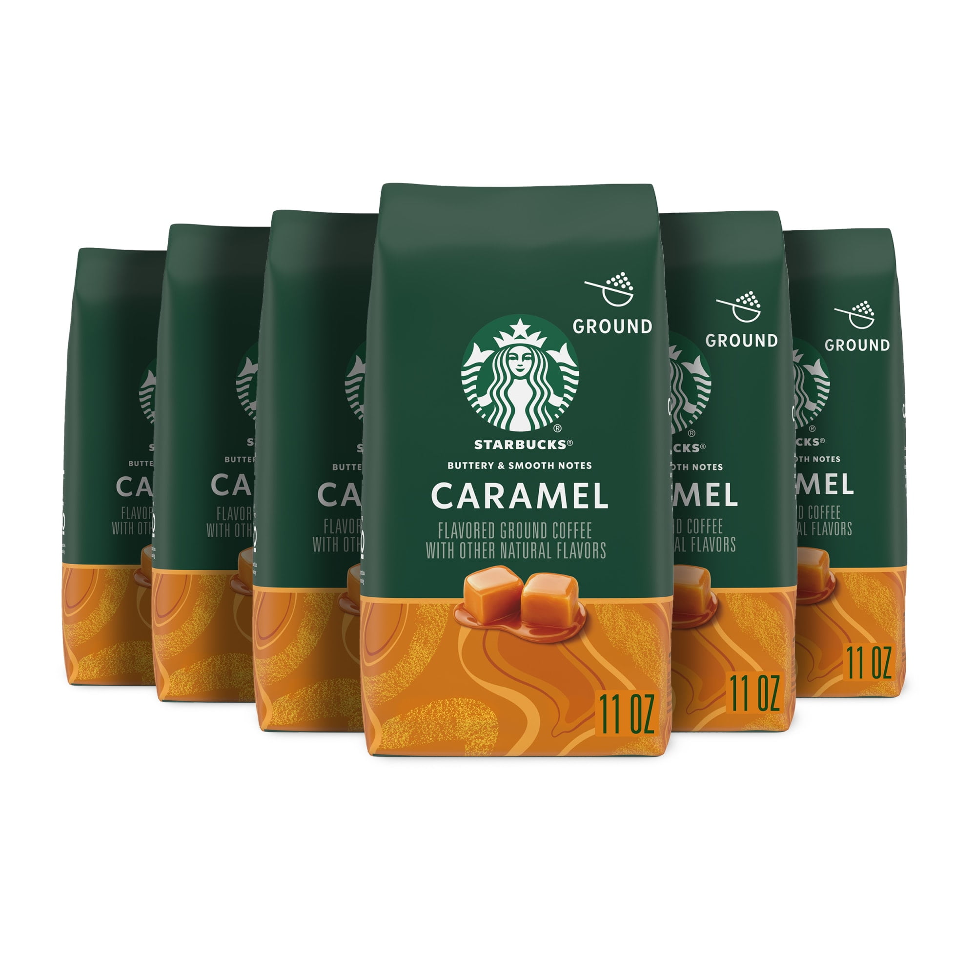 (6 pack) Starbucks Arabica Beans Caramel, Naturally Flavored, Ground Coffee, 11oz