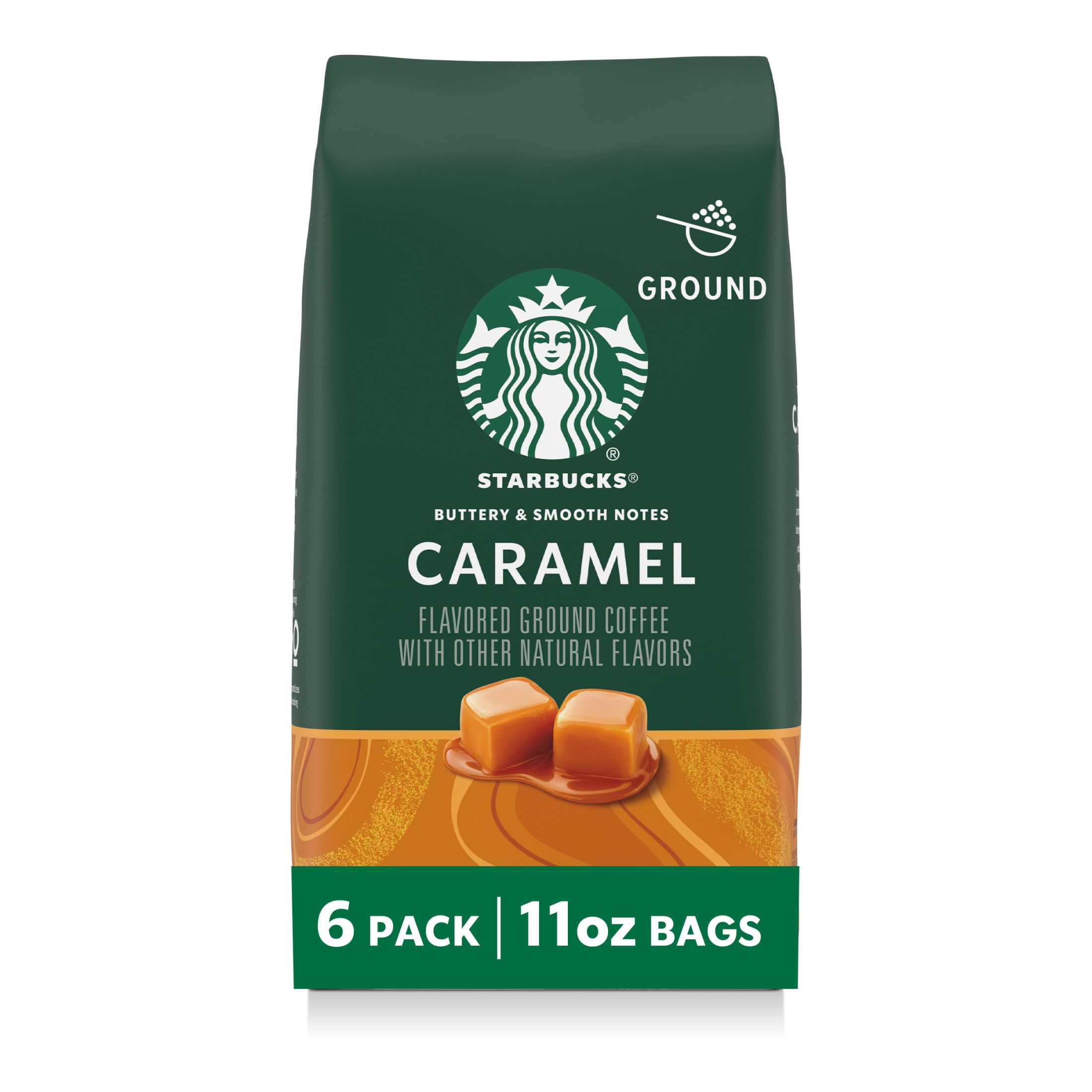 (6 pack) Starbucks Caramel, Ground Coffee, Flavored Hot or Iced Coffee, 11 oz
