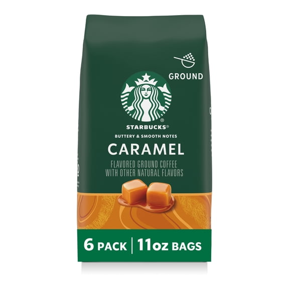 (6 pack) Starbucks Caramel, Ground Coffee, Flavored Hot or Iced Coffee, 11 oz