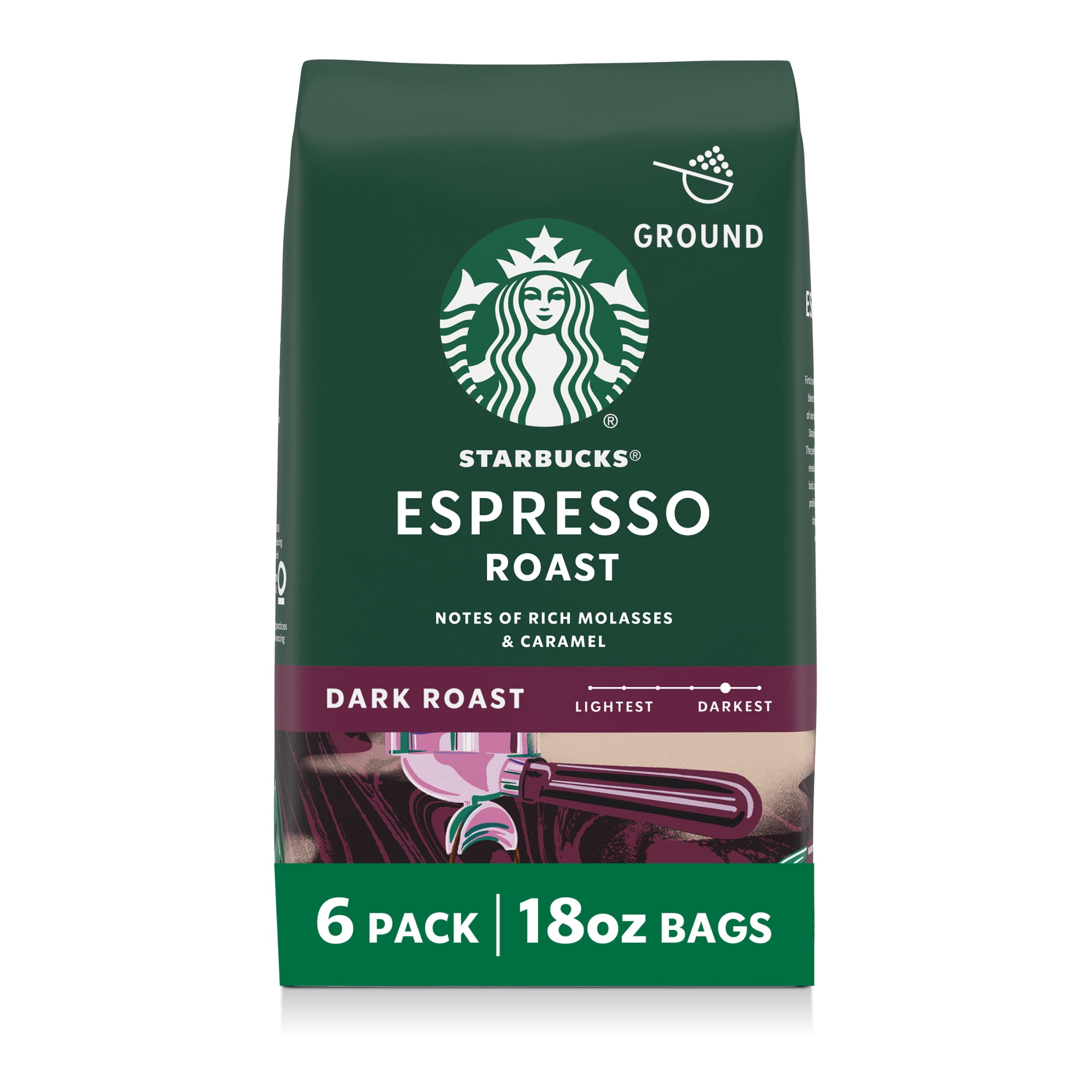 (6 pack) Starbucks Espresso Roast, Ground Coffee, Dark Roast Hot or Iced Coffee, 18 oz