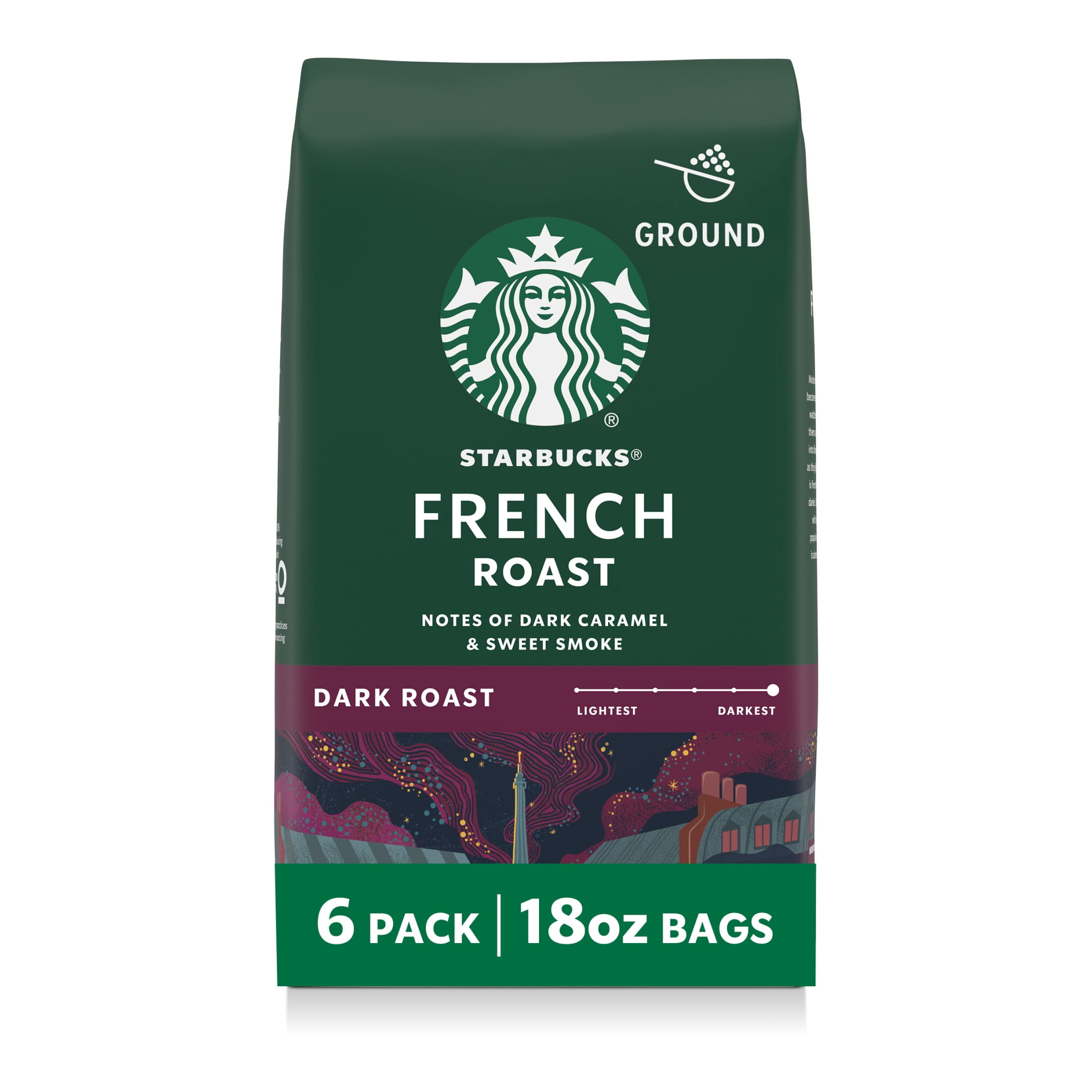 (6 pack) Starbucks French Roast, Ground Coffee, Dark Roast Hot or Iced Coffee, 18 oz