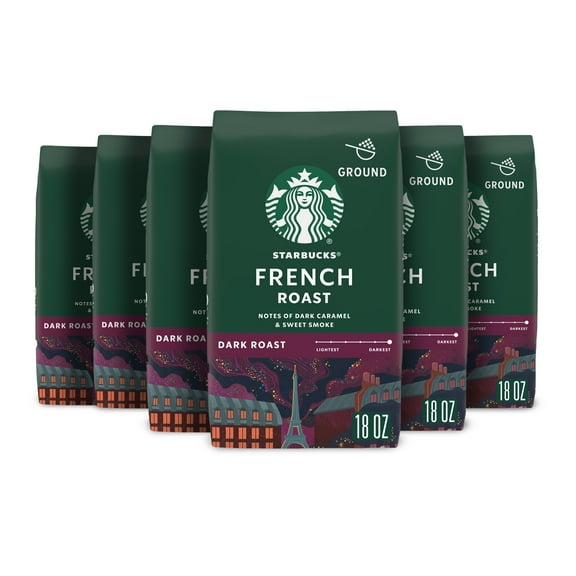 (6 pack) Starbucks French Roast, Ground Coffee, Dark Roast Hot or Iced Coffee, 18 oz