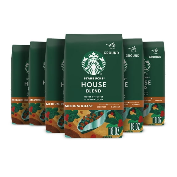 (6 pack) Starbucks House Blend, Ground Coffee, Medium Roast Hot or Iced Coffee, 18 oz