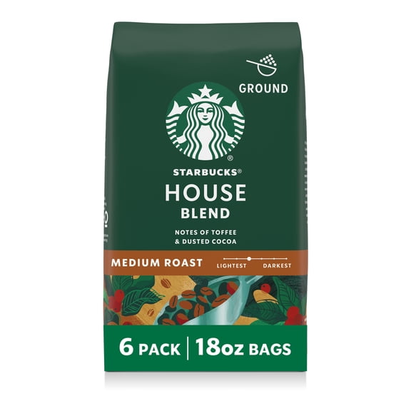 (6 pack) Starbucks House Blend, Ground Coffee, Medium Roast Hot or Iced Coffee, 18 oz