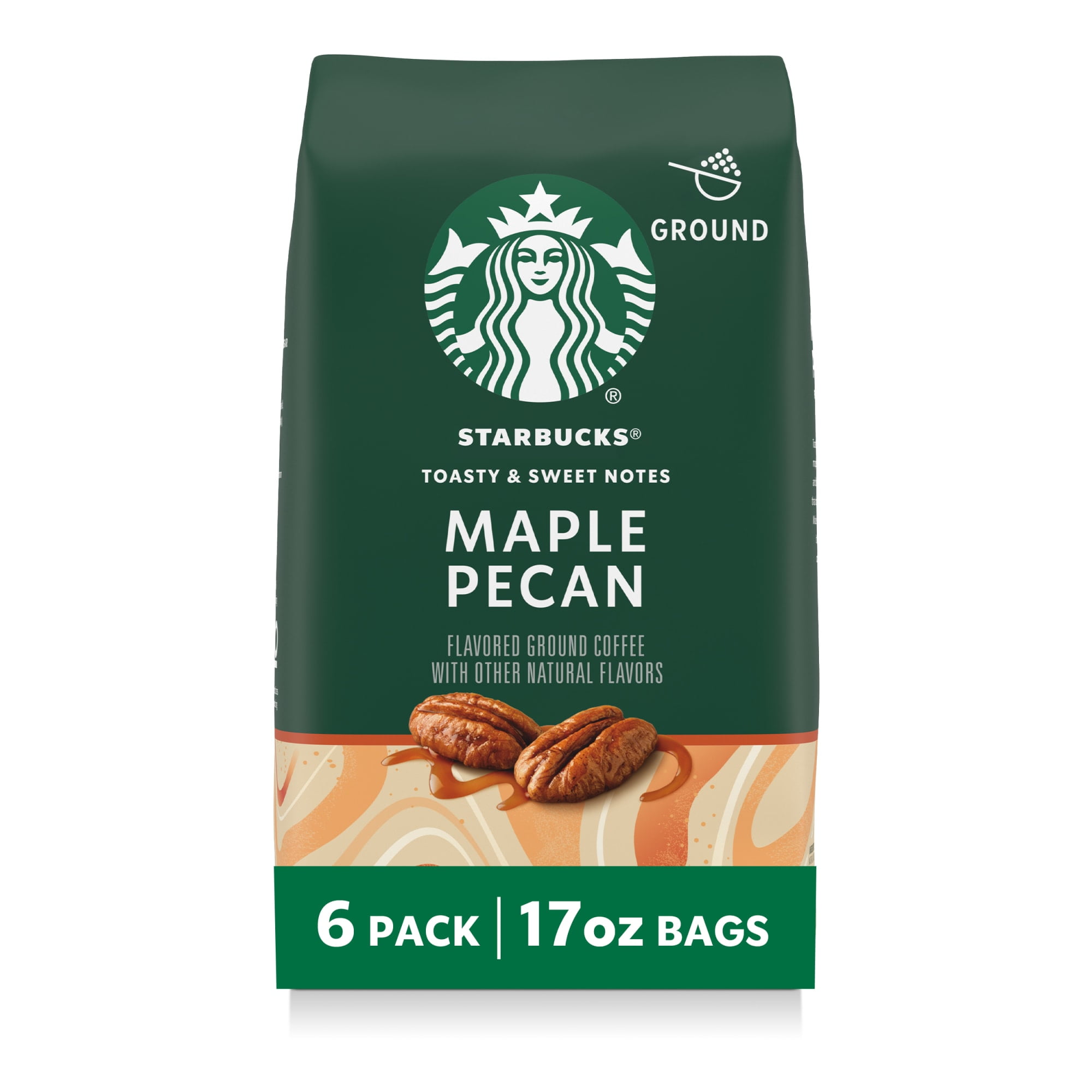 (6 pack) Starbucks Maple Pecan, Ground Coffee, Flavored Roast Hot or Iced Coffee, 17 oz