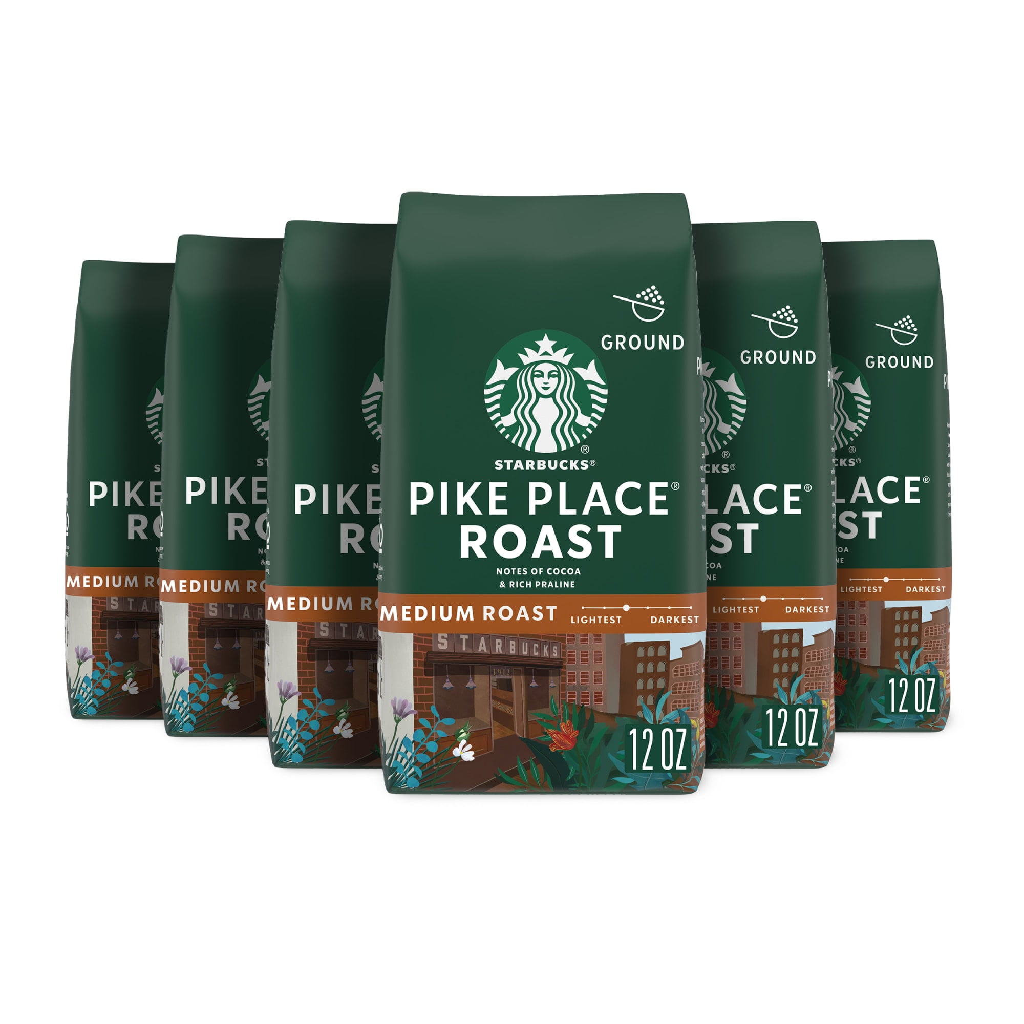 (6 pack) Starbucks Pike Place Roast, Medium Roast Ground Coffee, Arabica, 12 oz, 6 Bags