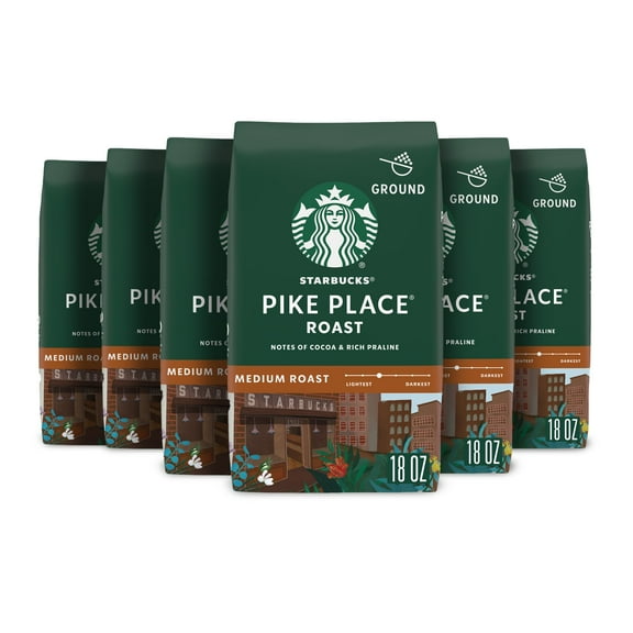 (6 pack) Starbucks Pike Place Roast, Ground Coffee, Medium Roast Hot or Iced Coffee, 18 oz (6 Bags)