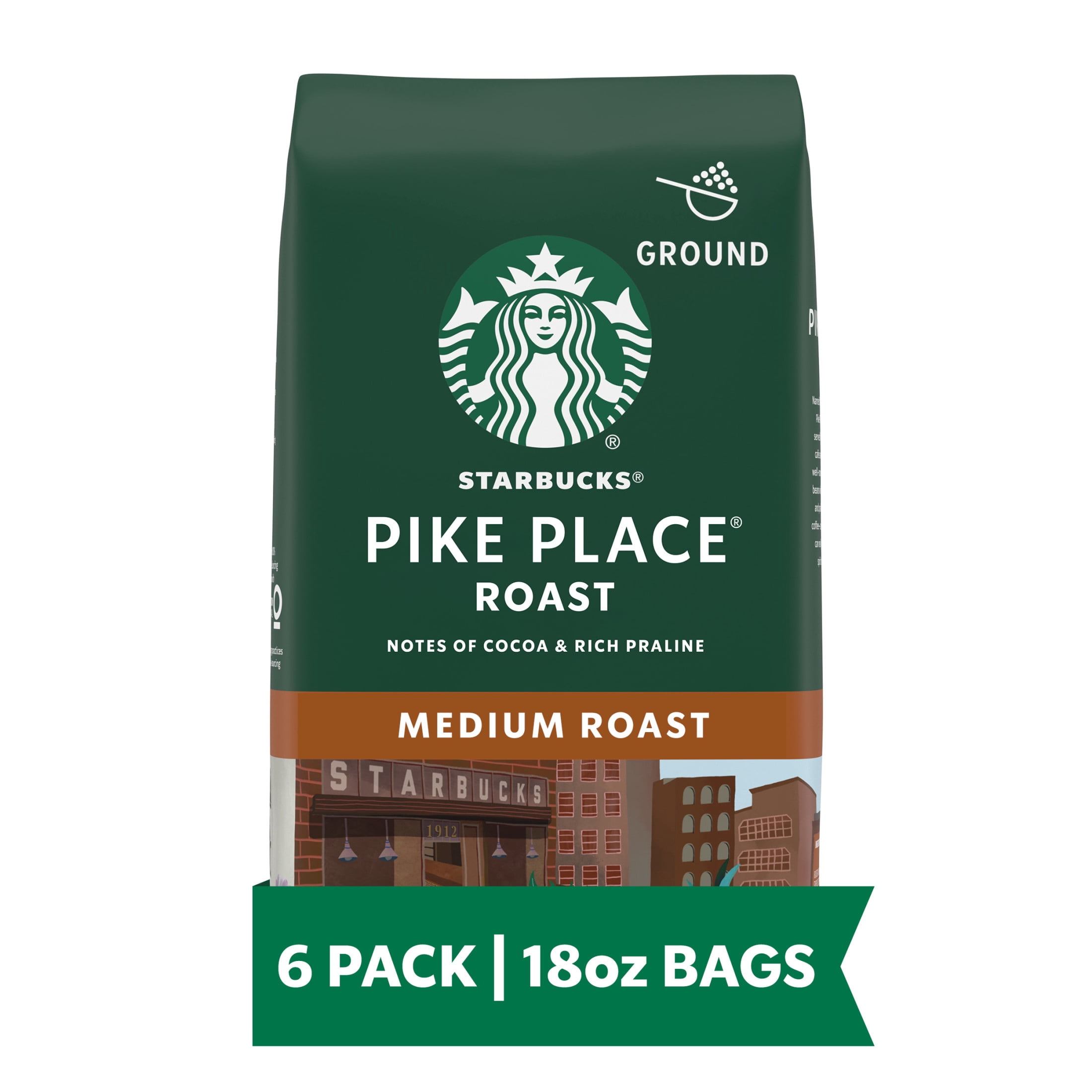 (6 pack) Starbucks Pike Place Roast, Ground Coffee, Medium Roast Hot or Iced Coffee, 18 oz (6 Bags)