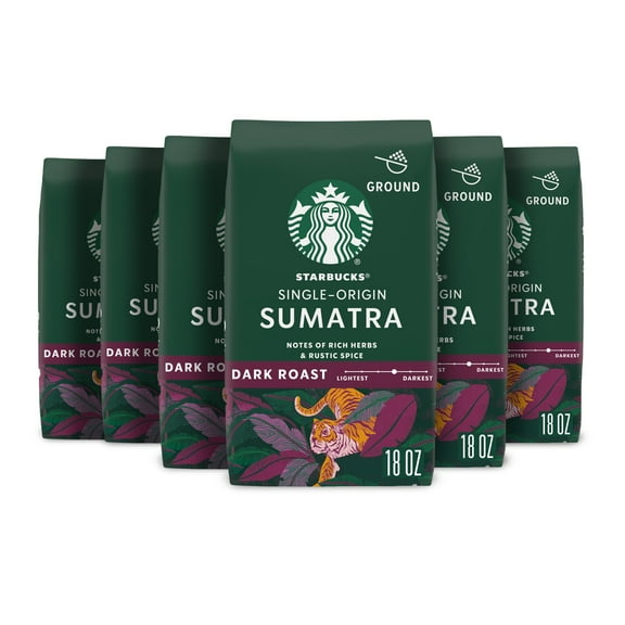 (6 pack) Starbucks Single-Origin Sumatra, Ground Coffee, Dark Roast Hot or Iced Coffee, 18 oz