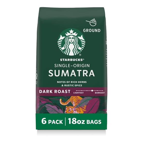 (6 pack) Starbucks Single-Origin Sumatra, Ground Coffee, Dark Roast Hot or Iced Coffee, 18 oz