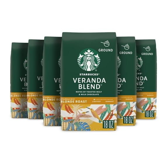 (6 pack) Starbucks Veranda Blend, Ground Coffee, Starbucks Blonde Roast Hot or Iced Coffee, 18 oz