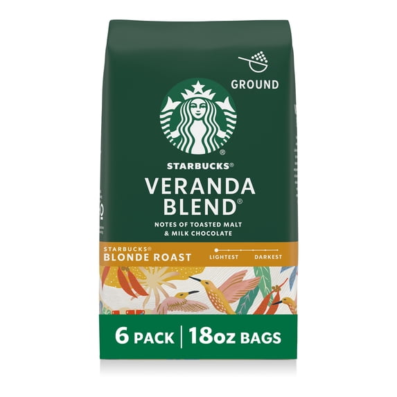 (6 pack) Starbucks Veranda Blend, Ground Coffee, Starbucks Blonde Roast Hot or Iced Coffee, 18 oz