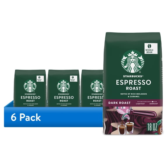 (6 pack) Starbucks Whole Coffee Beans, Dark Roast Hot or Iced Coffee, Espresso Roast, Six 18 oz Bags​