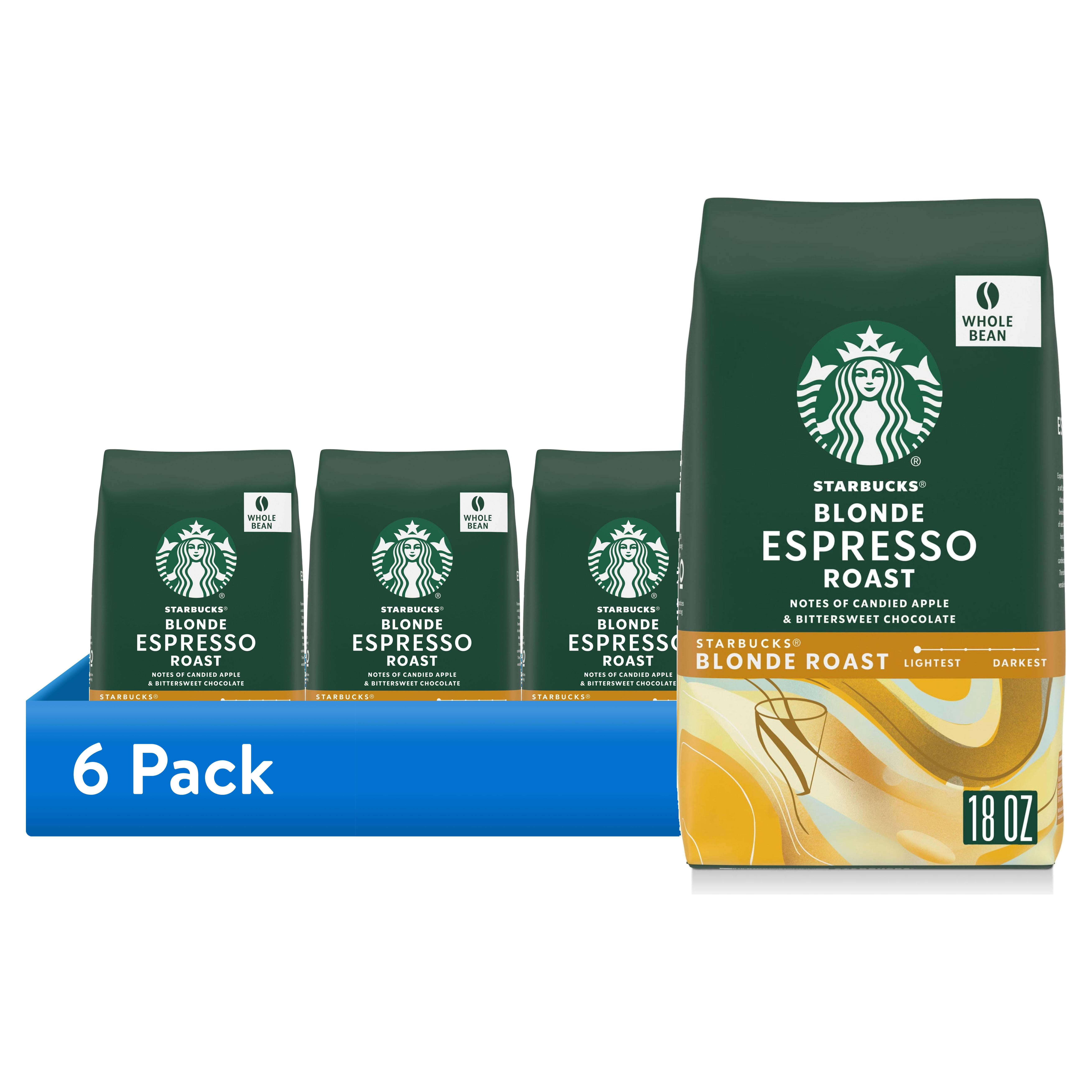(6 pack) Starbucks Whole Bean Coffee, Starbucks Blonde Espresso Roast Hot or Iced Coffee, 18 oz
