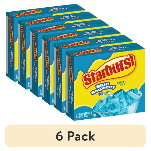 (6 pack) Starburst Blue Raspberry Gelatin Dessert Mix, Fat-free, 6 Servings, 3.94 oz Shelf-Stable Cardboard Box