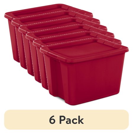 (6 pack) Sterilite 18 Gallon Tote, Plastic Christmas Storage Bin with Snap-on Lid, Ideal for Holiday Linens, Décor, Keepsakes and More, Red