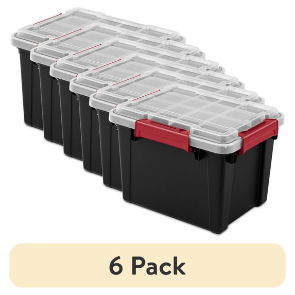 (6 pack) Sterilite Small Gasket Tote, 5 Gallon WaterProof Plastic Storage Bin with Lid, Gasket Seal and Durable Latches, Black