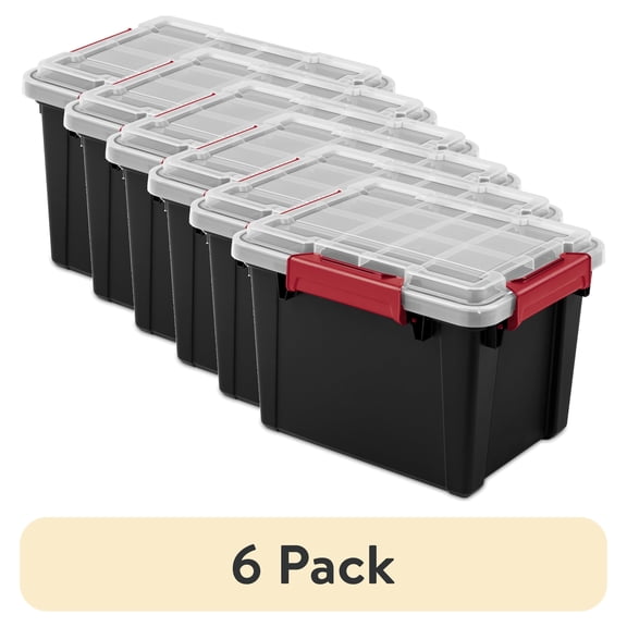 (6 pack) Sterilite Small Gasket Tote, 5 Gallon WaterProof Plastic Storage Bin with Lid, Gasket Seal and Durable Latches, Black