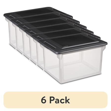 (6 pack) Sterilite File Box, Clear Plastic Bin with Black Lid, Letter or Legal-sized File Storage, Black