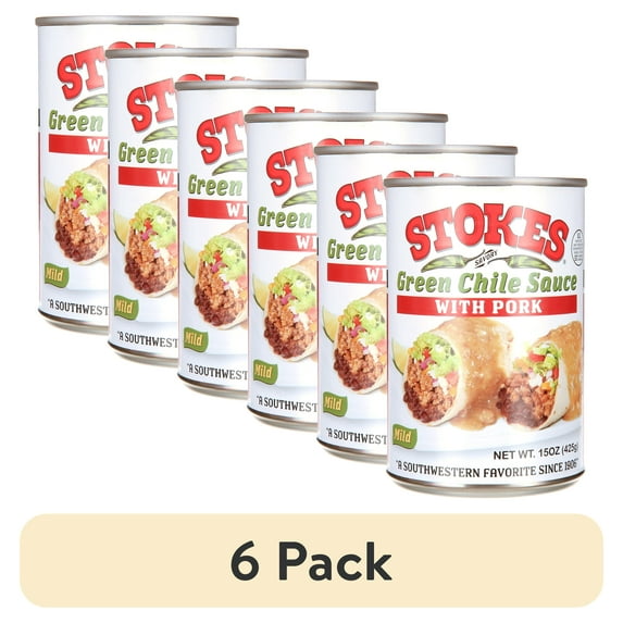(6 pack) Stokes Green Chile Sauce with Pork, Mild, 15 oz Can