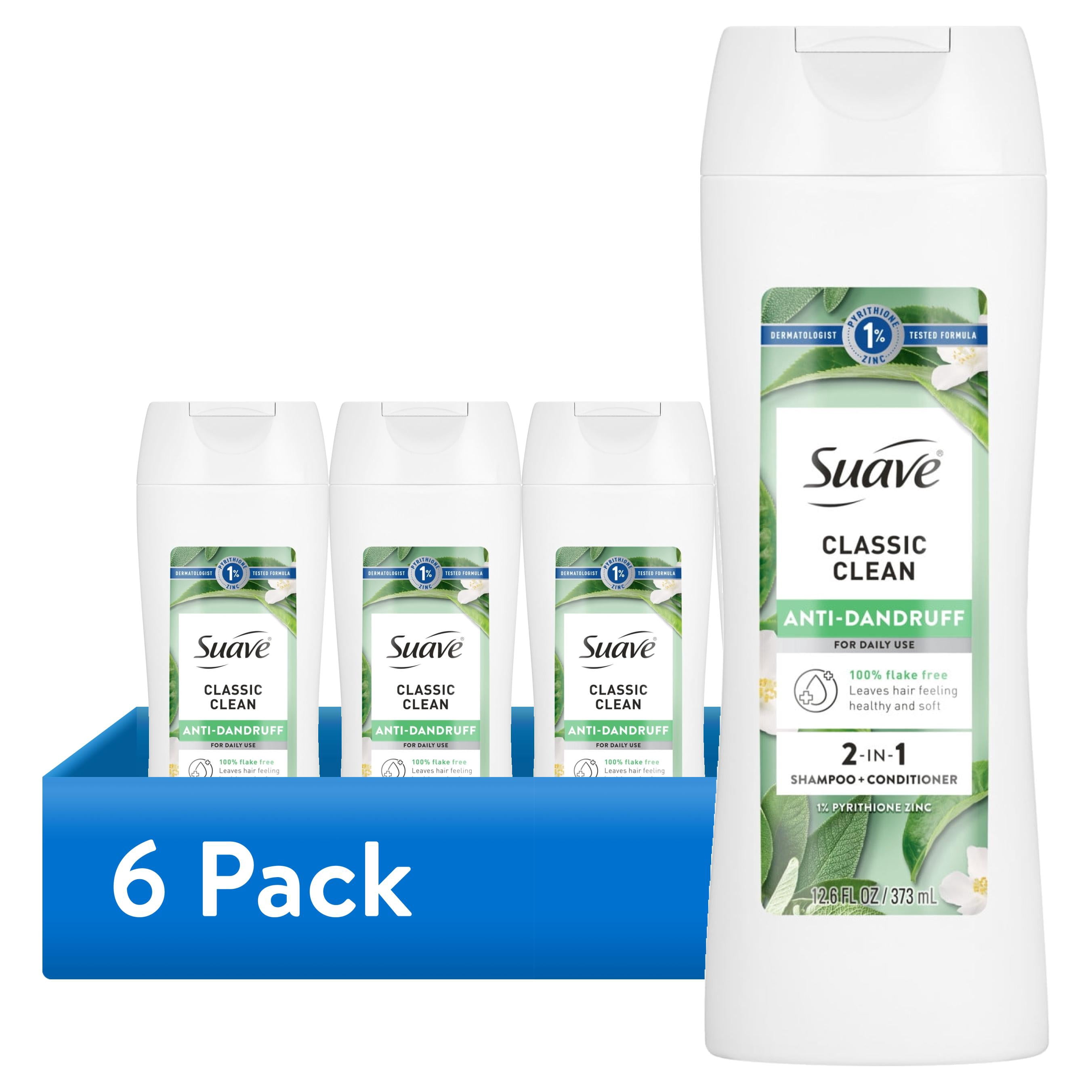 (6 pack) Suave Anti Dandruff 2 IN 1 Shampoo & Conditioner For Women, Classic Clean, 12.6 FL OZ