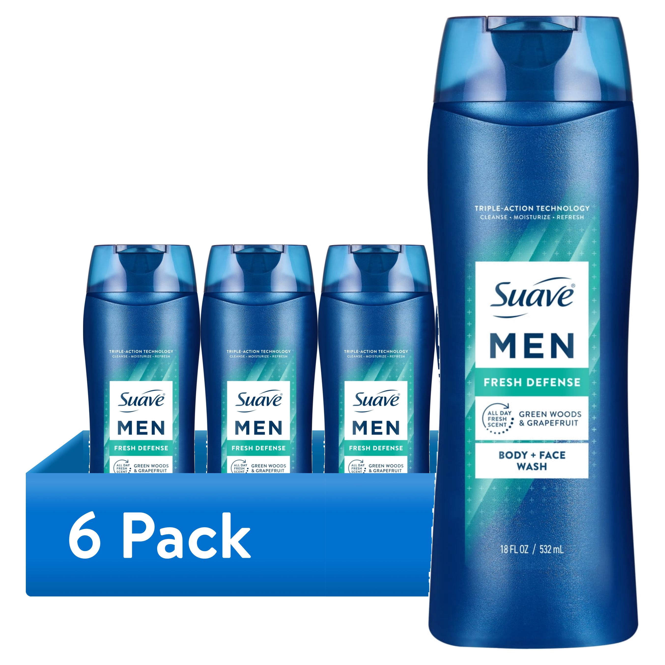 (6 pack) Suave Men Fresh Defense 2in1 Body & Face Wash with Glycerin & Vitamin E, 18 FL OZ