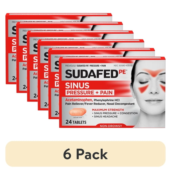 (6 pack) Sudafed PE Sinus Pressure + Pain Relief Decongestant Tablets, 24 Count