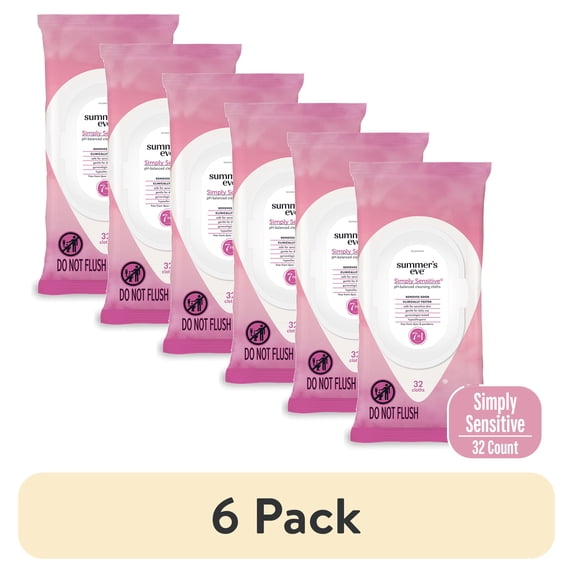 (6 pack) Summer’s Eve Simply Sensitive Gentle Daily Feminine Wipes, 32 Ct