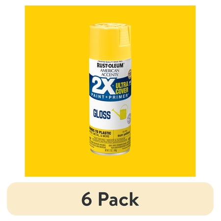 (6 pack) Sun Yellow, Rust-Oleum American Accents 2X Ultra Cover Gloss Spray Paint-327880, 12 oz