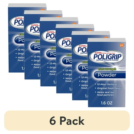 (6 pack) Poligrip Extra Strength Denture and Partials Adhesive Powder, 1.6 Oz, for Adults
