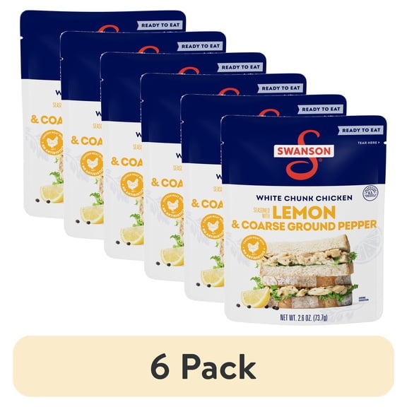 (6 pack) Swanson Lemon and Coarse Ground Pepper White Chunk Fully Cooked Chicken, Ready to Eat, Simple on-the-Go Meals, 2.6 oz Pouch