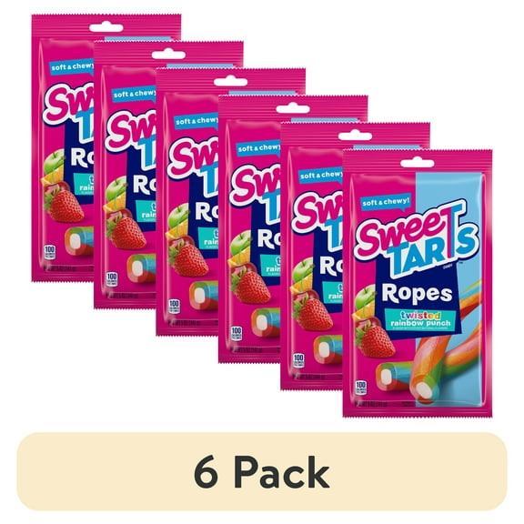 (6 pack) SweeTARTS Soft & Chewy Ropes, Twisted Rainbow Punch Candy, 5 oz