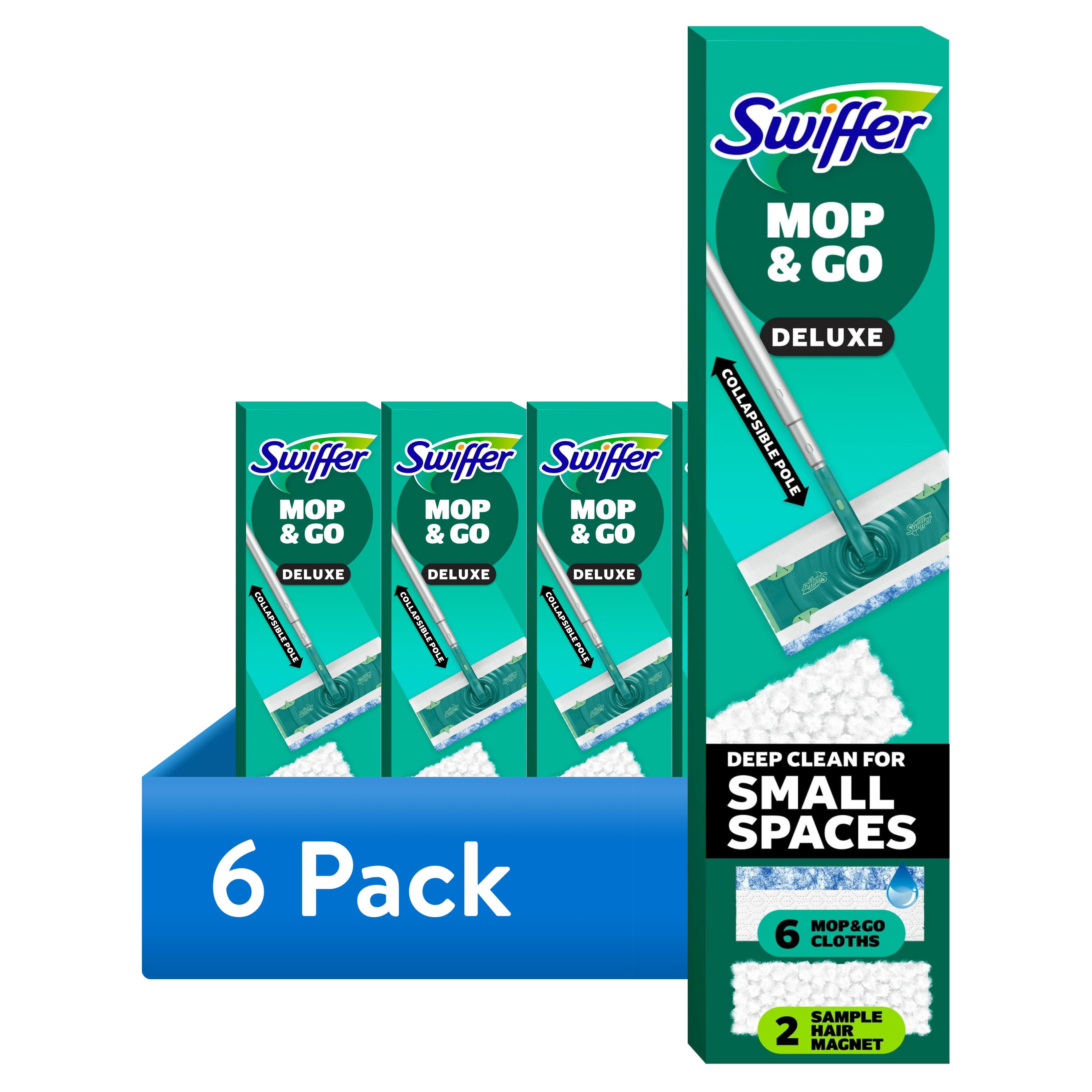 (6 pack) Swiffer Mop & Go Deluxe, 2-in-1 Floor Mopping and Sweeping Kit, 1 Device, 6 Mop Refills, 2 Sweep Refills