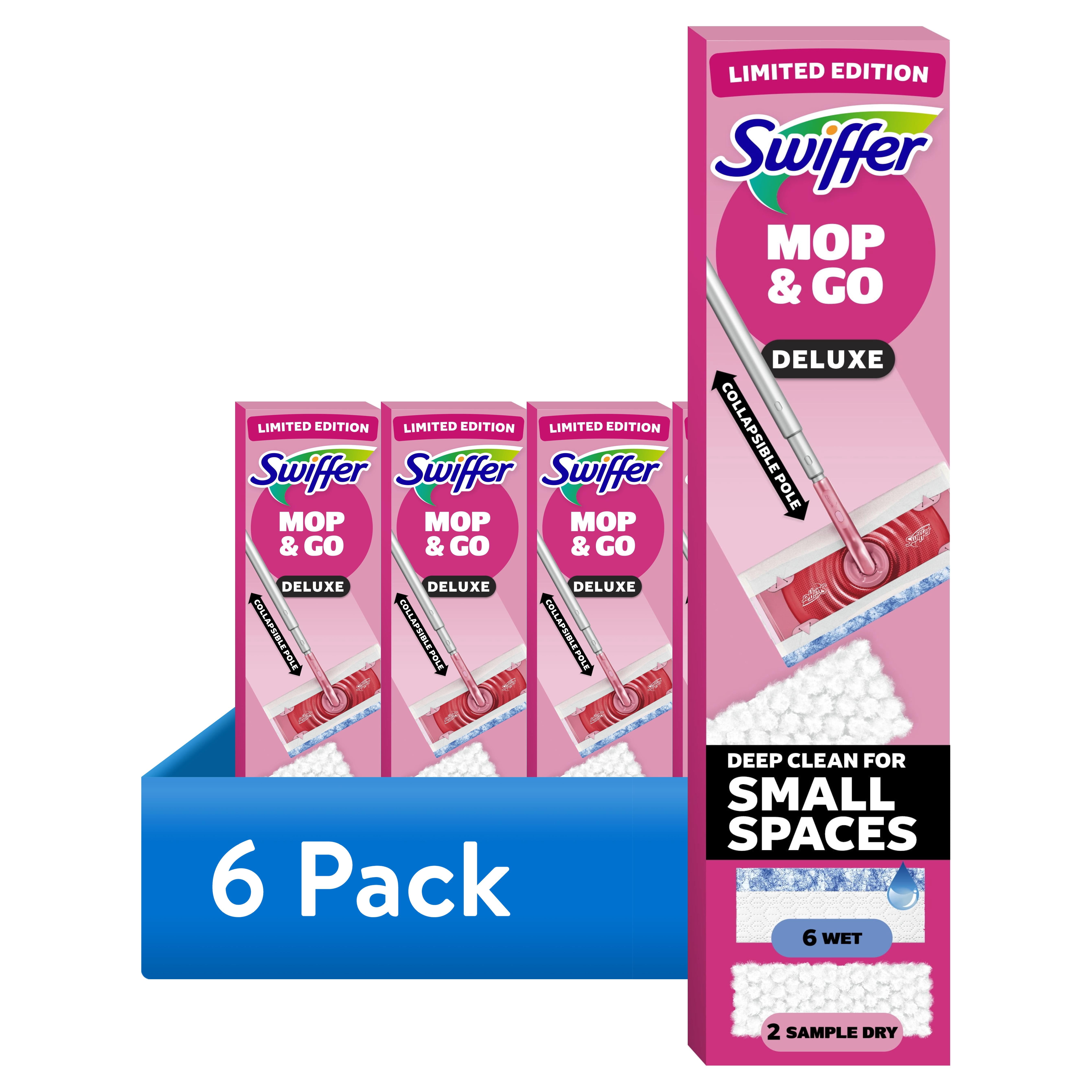 (6 pack) Swiffer Pink Limited Edition Mop & Go Deluxe, 2-in-1 Floor Mopping and Sweeping Kit, 1 Device, 6 Mop Refills, 2 Sweep Refills