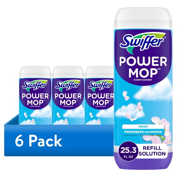 (6 pack) Swiffer Power Mop Refill Solution, Tile, Vinyl, Laminate, Wood, Floor Cleaner, Fresh, 25.3 fl oz