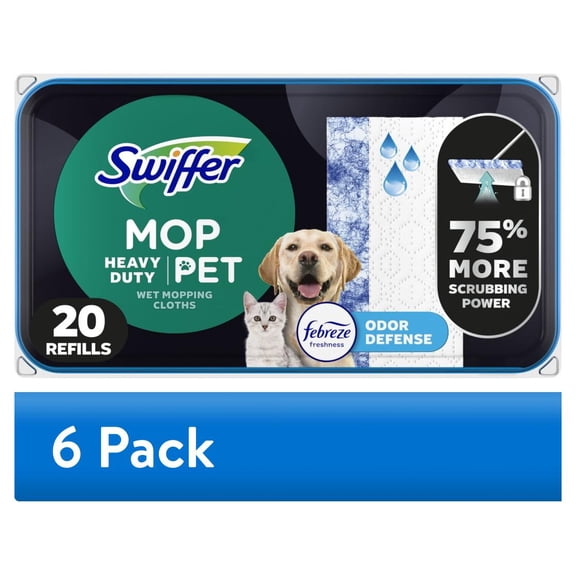 (6 pack) Swiffer WetJet Heavy Duty Mop Pad Refill, Multi-Surface, With Febreze Pet Odor Defense, 20 Count