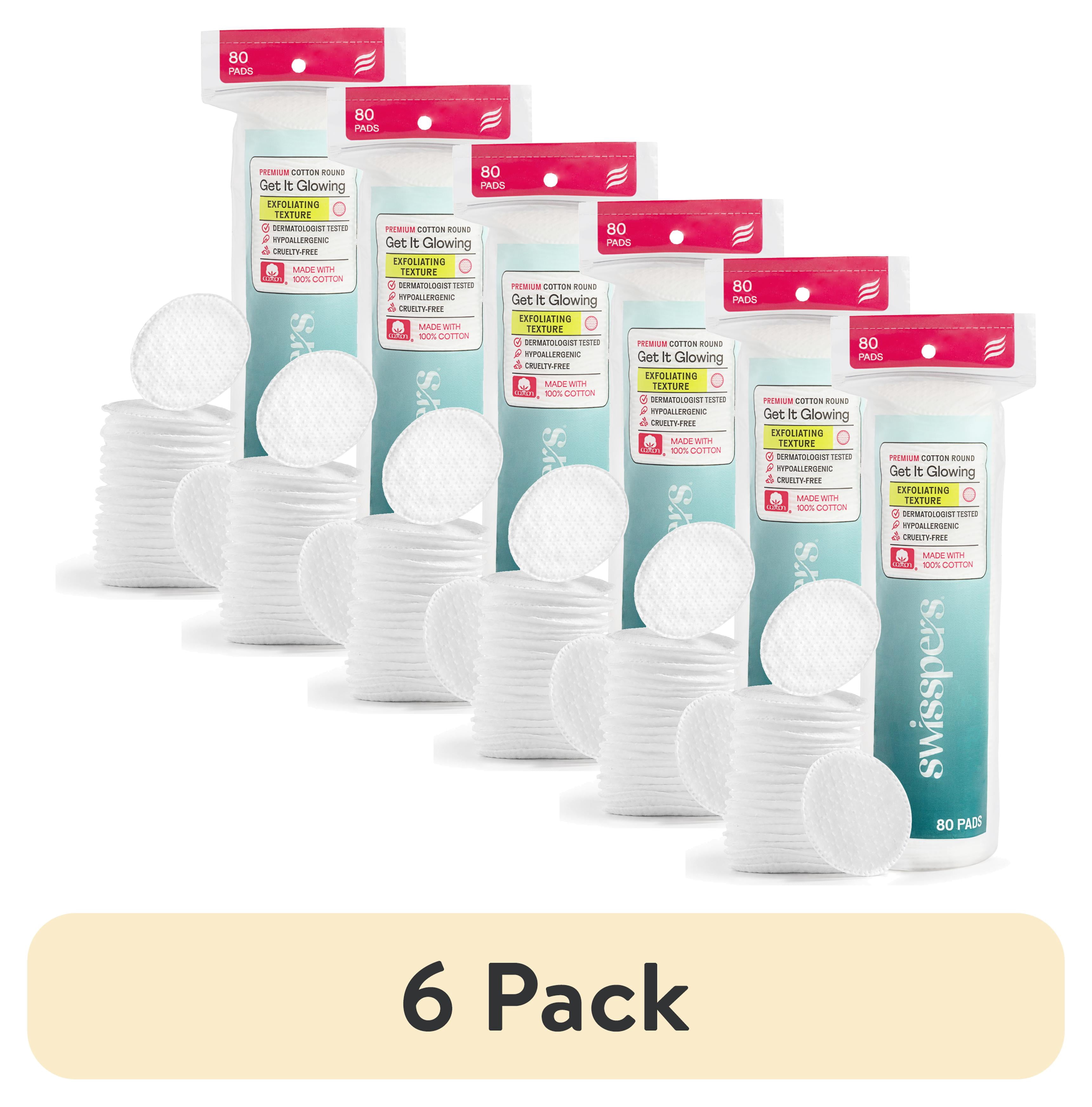 (6 pack) Swisspers Premium Exfoliating 100% Pure Chlorine Free Cotton Rounds, Dermatologist Tested, Soft, Absorbent, Dual-Sided, Gentle Natural Exfoliation, Sensitive Skin Safe, Vegan, Cruelty-Free, 80 Pads