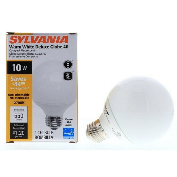 (6 pack) Sylvania 10 watt CFL Large G40 Warm White Deluxe Globe 550 lumens Compact Fluorescent Light Bulb