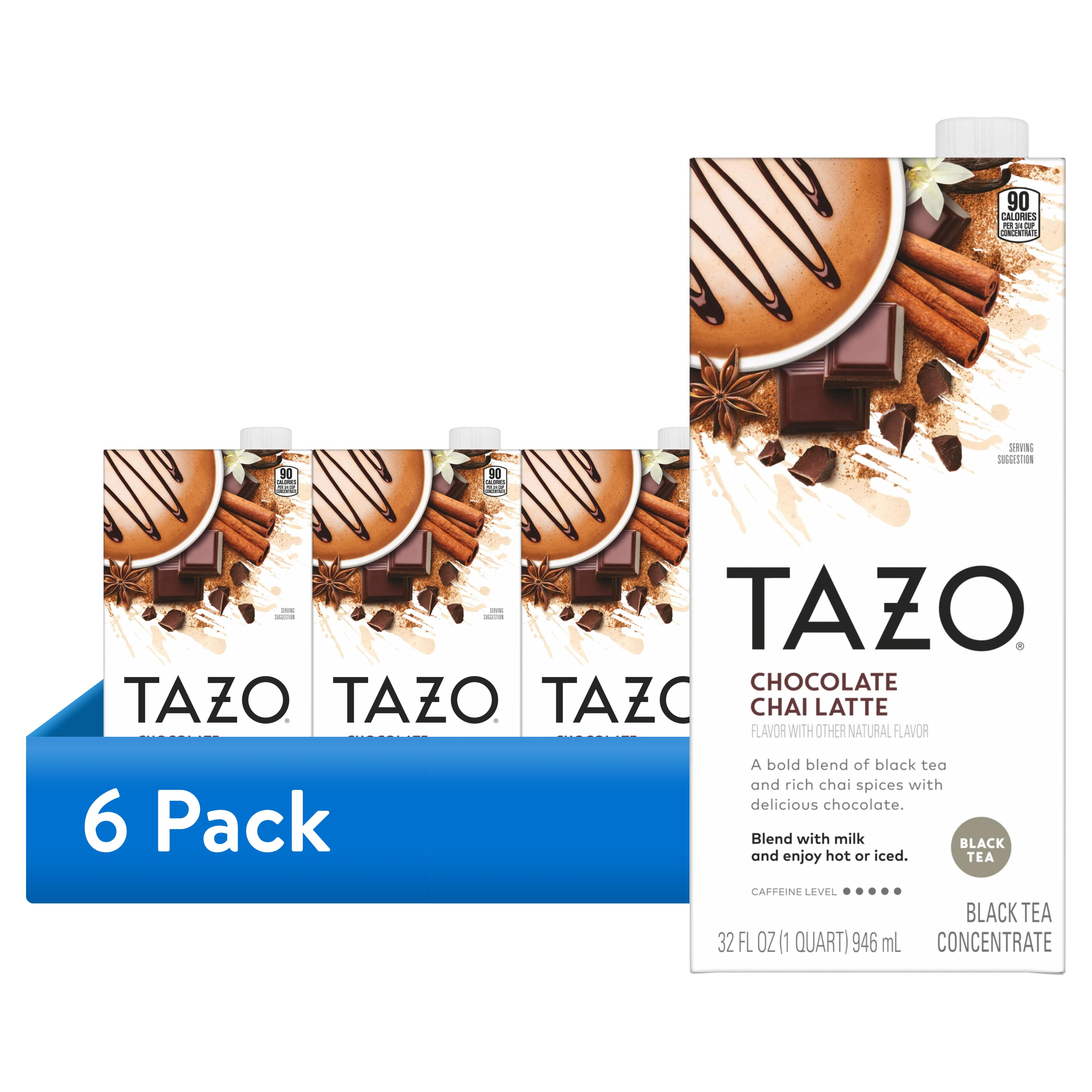 (6 pack) TAZO Chocolate Chai Tea Latte, Flavored Black Tea Concentrate, Easy to Serve Café-Style Lattes, Caffeinated, Hot or Iced Chocolate Tea, 32oz  Carton