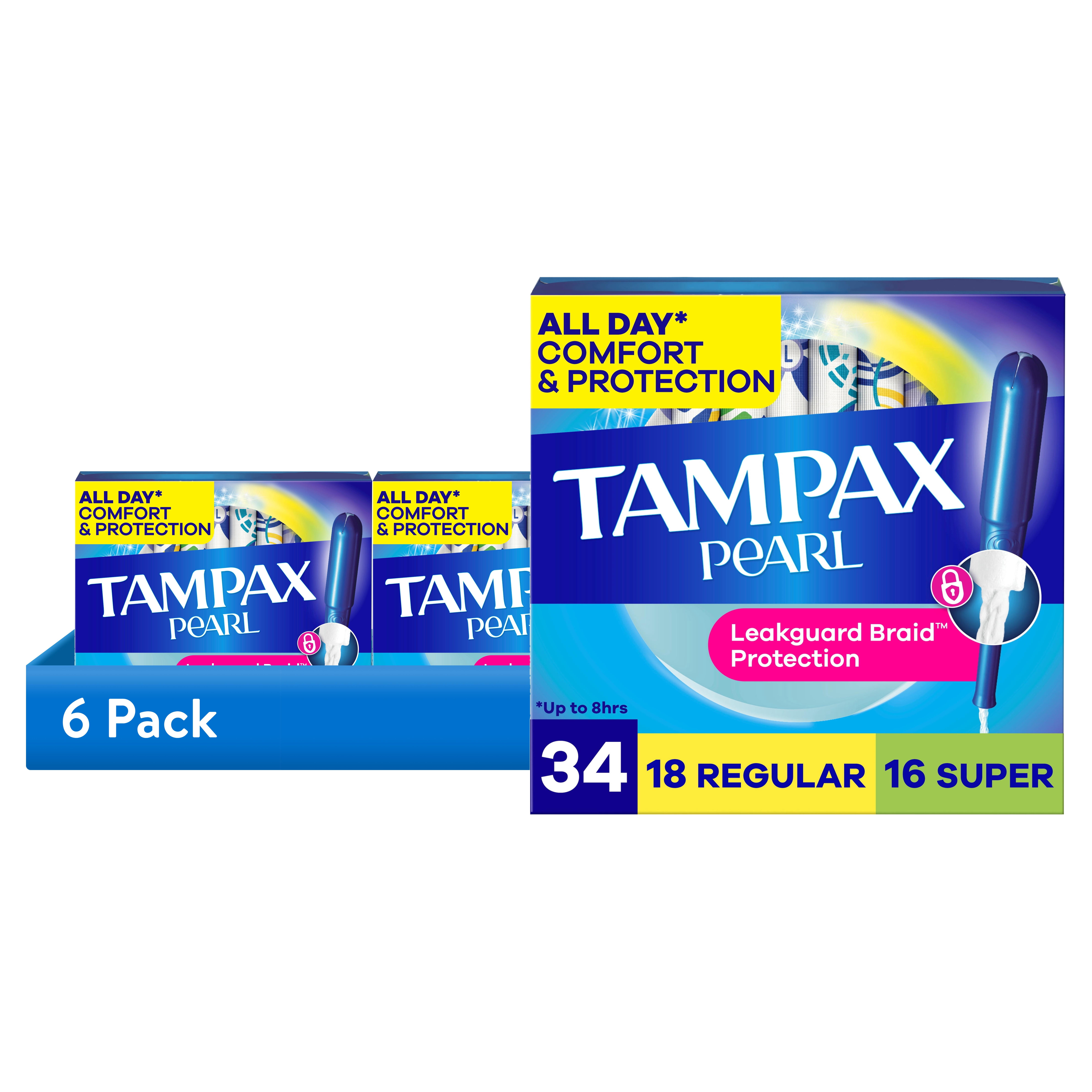 (6 pack) Tampax Pearl Tampons Duo Multipack with LeakGuard Braid, Regular/Super Absorbency, 34 Count