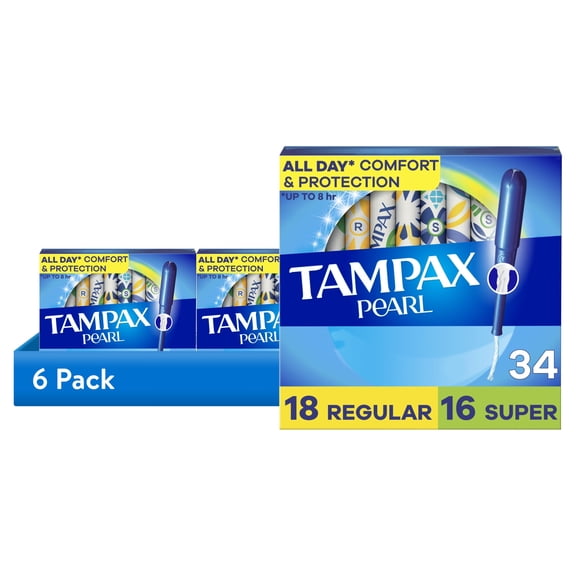 (6 pack) Tampax Pearl Tampons Duo Multipack with LeakGuard Braid, Regular/Super Absorbency, 34 Ct