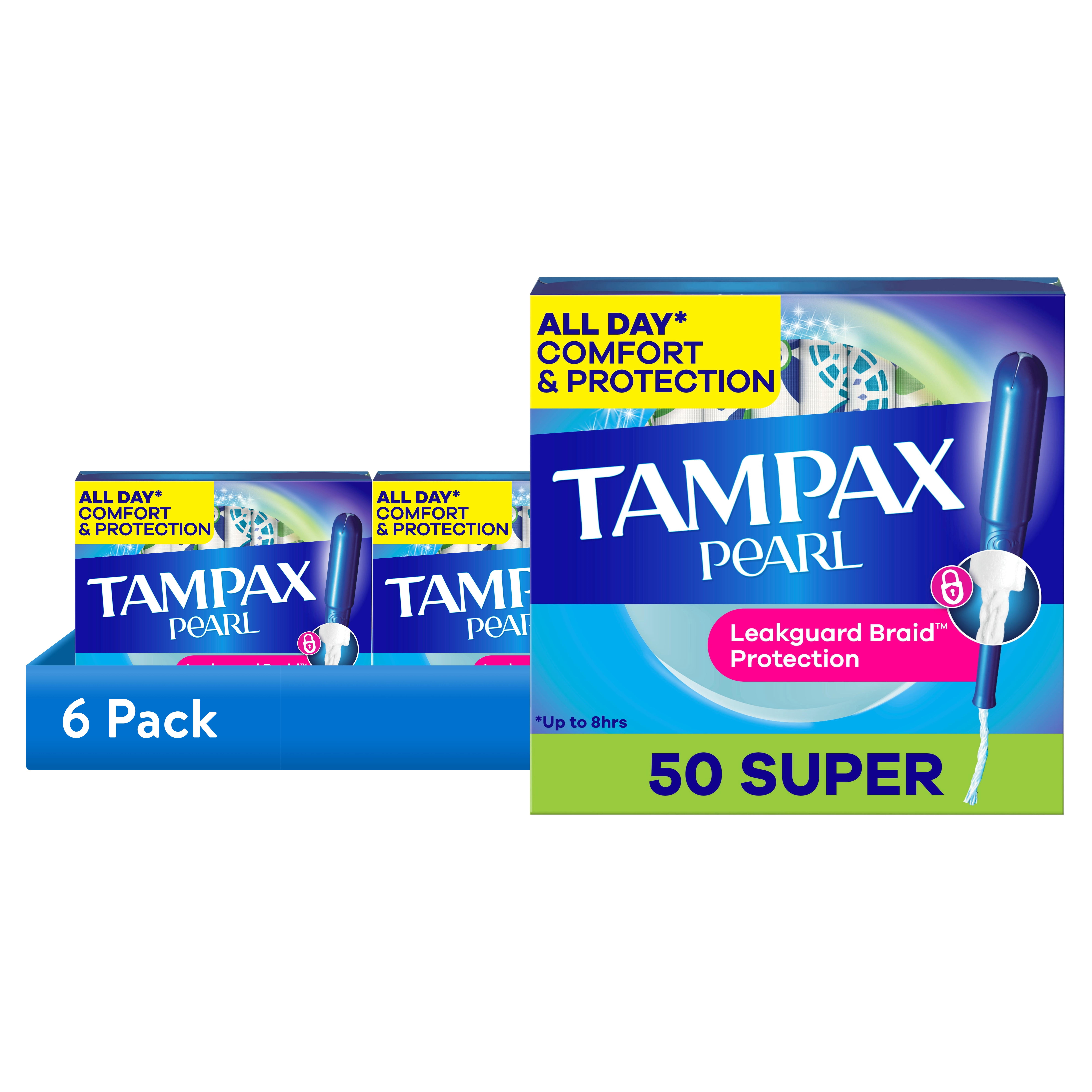 (6 pack) Tampax Pearl Tampons with LeakGuard Braid, Super Absorbency, 50 Count