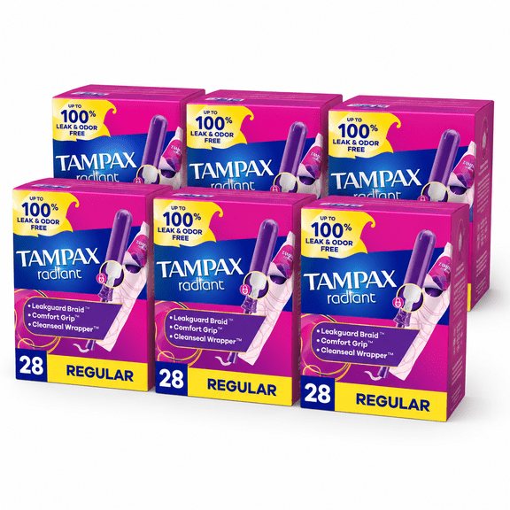 (6 pack) Tampax Radiant Tampons, with LeakGuard Braid, Regular, 28 Count