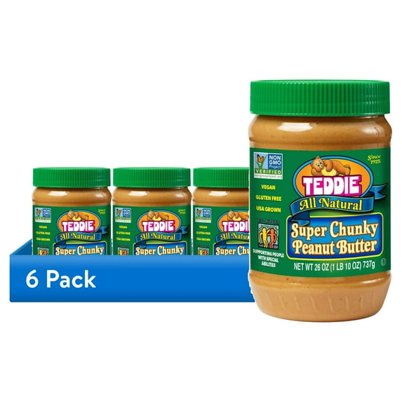 (6 pack) Teddie All Natural Super Chunky Peanut Butter, 26 oz