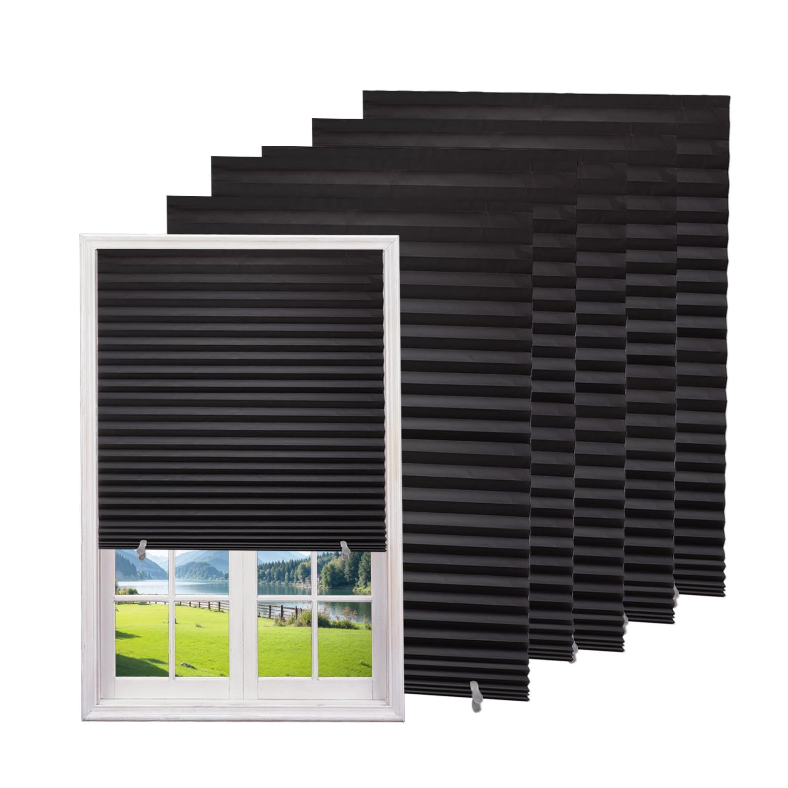 6-pack Temporary Blackout Paper Blinds For Window  Cut To Size Adhesive Shades Stick On Pleated No Drill Easy Install 24" W X 72" H Black