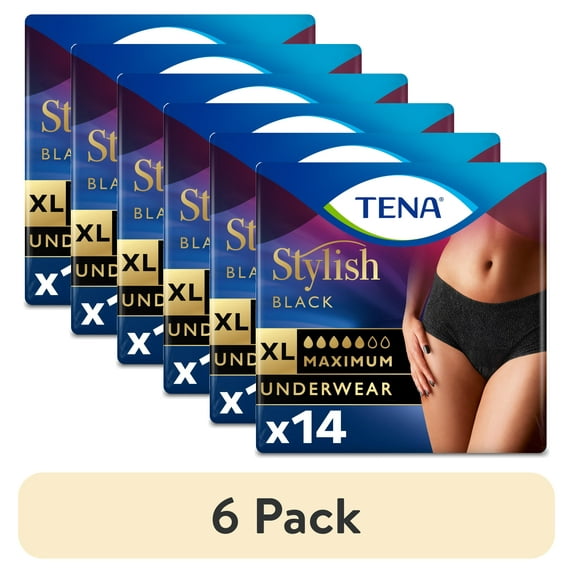 (6 pack) Tena Stylish Black Underwear for Women, Maximum, XL, 14 Ct