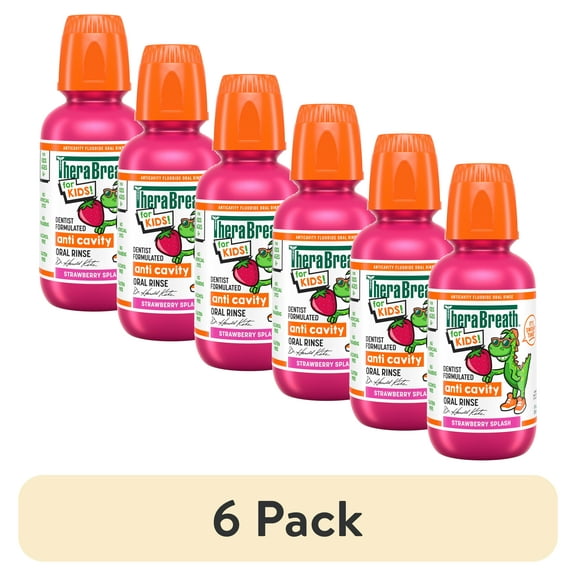(6 pack) TheraBreath Kids Mouthwash with Fluoride, Organic Strawberry Splash, Anticavity, 10 fl oz